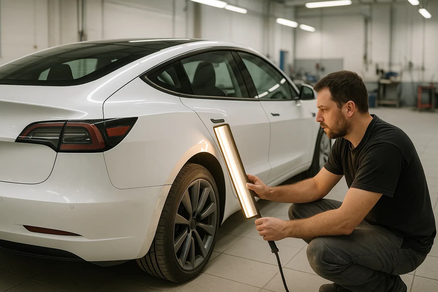 Bosse sur une aile aluminium de voiture électrique examinée à la lampe