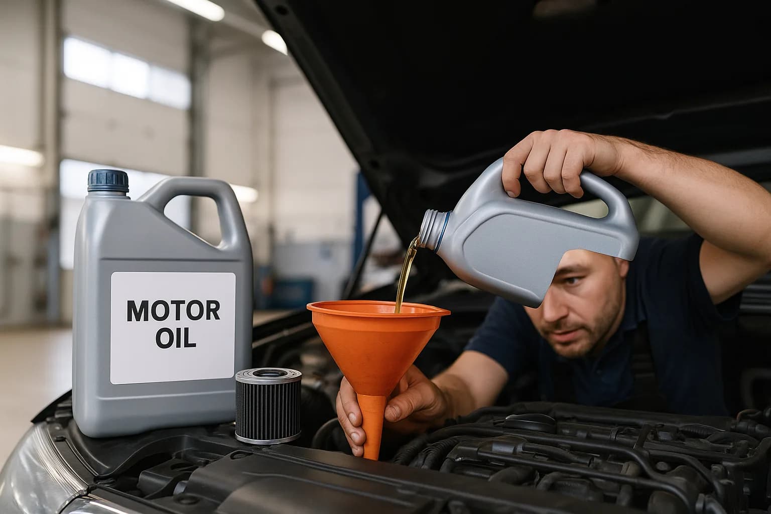 Huile moteur neuve versée à l’entonnoir, filtre neuf posé