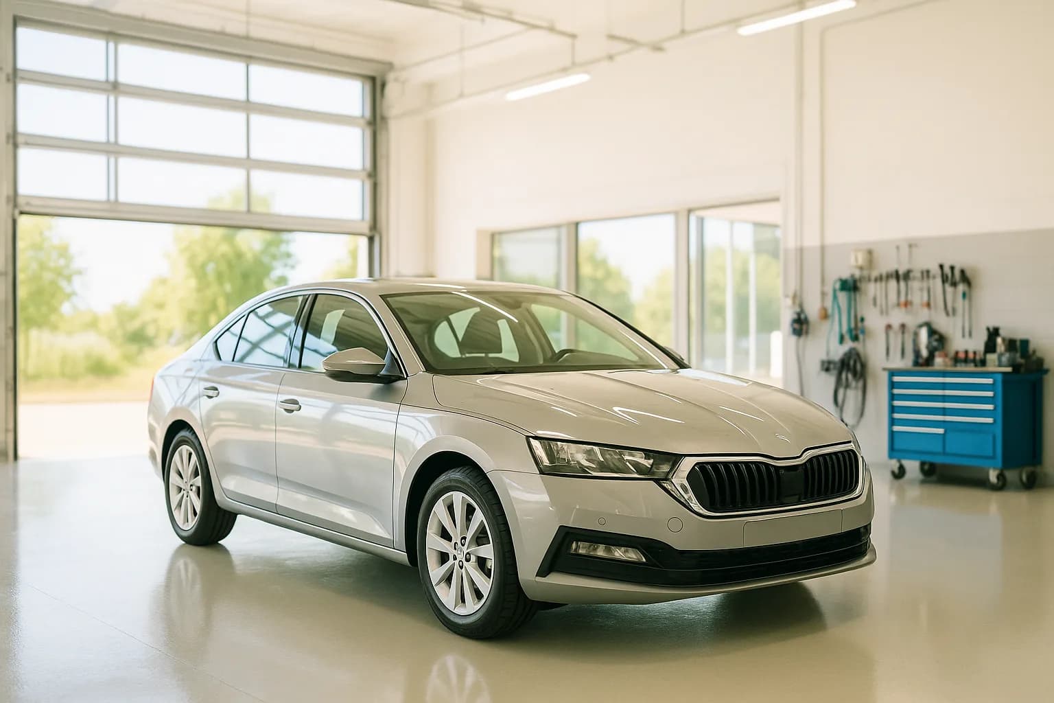 Voiture premium dans l'atelier sombre de Clinic'Kar, baignée d'une lumière bleue