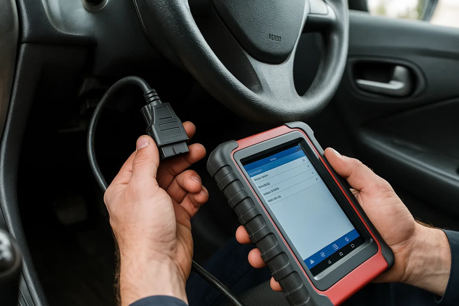 Technicien branchant une valise de diagnostic électronique sur une voiture