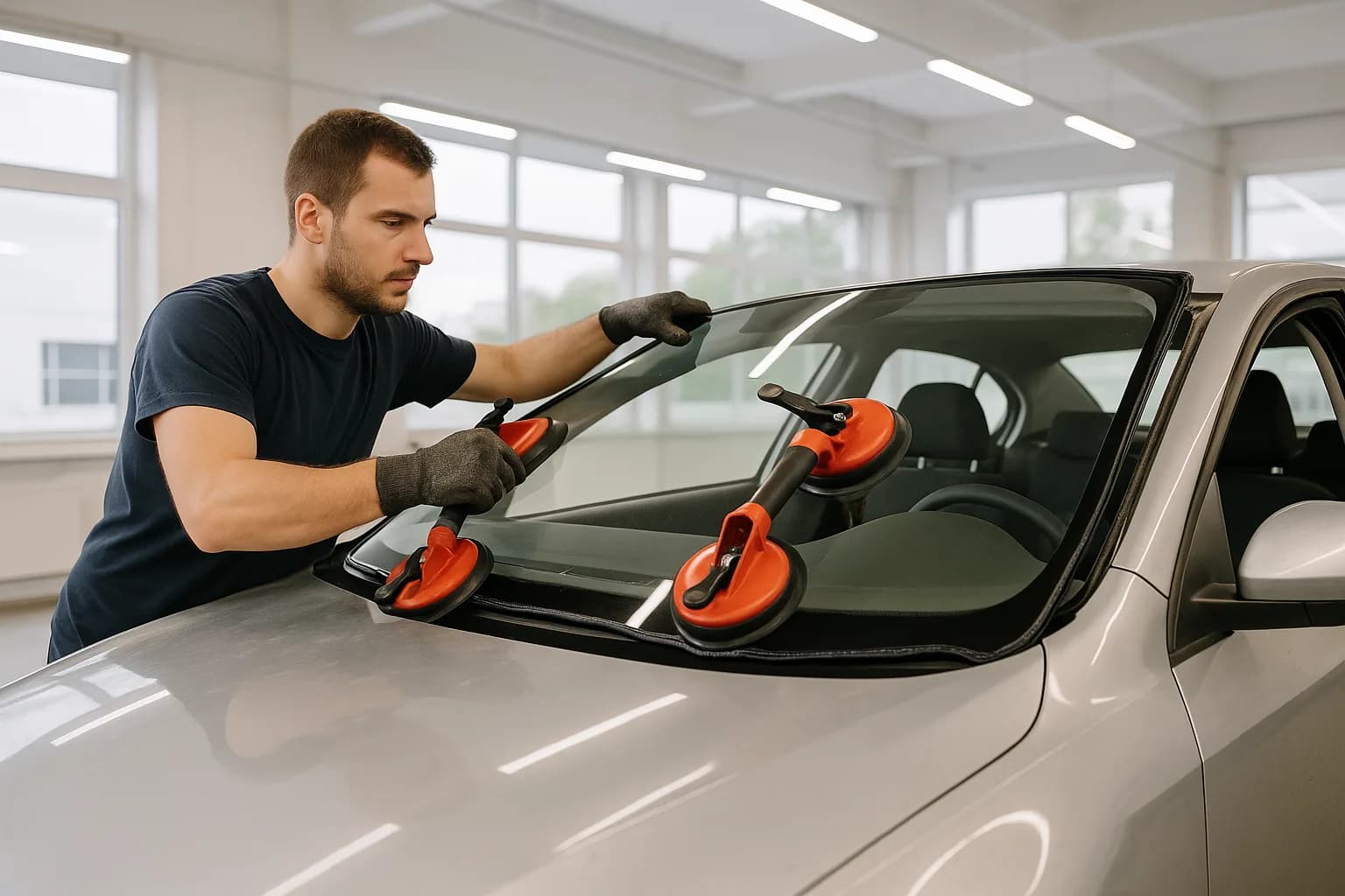 Technicien remplaçant le pare-brise d'une voiture