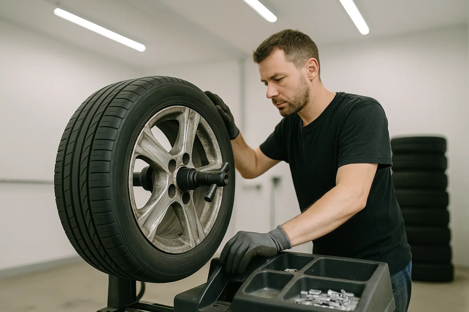 Monteur installant un pneu neuf sur une machine d'équilibrage