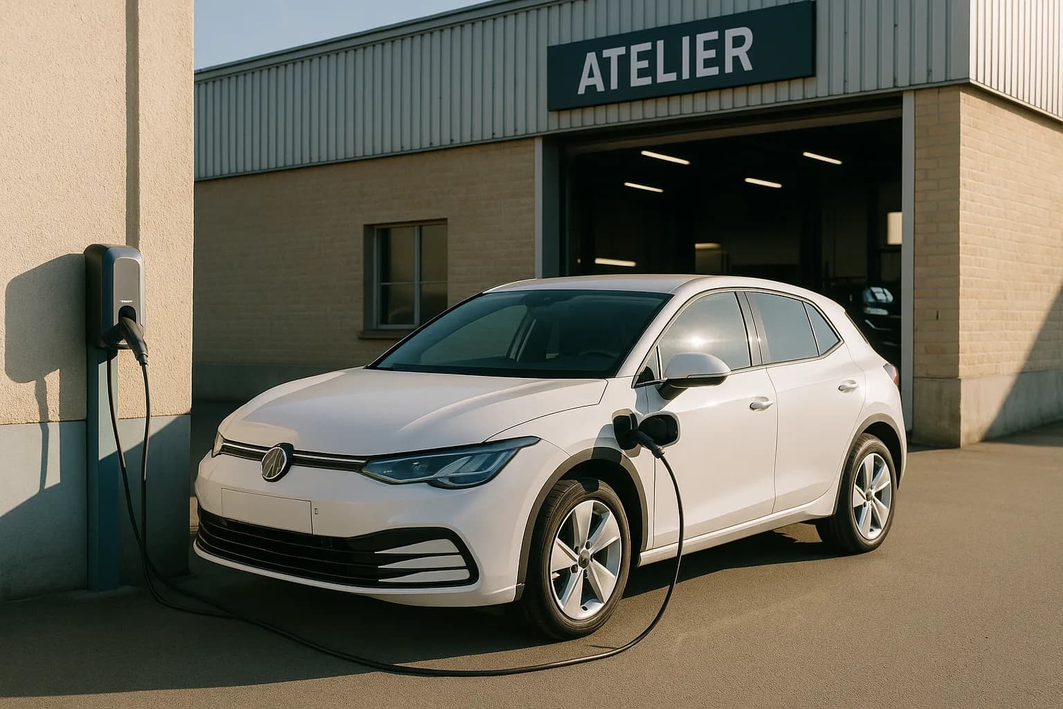 Voiture électrique en charge dans un atelier moderne aux accents bleus